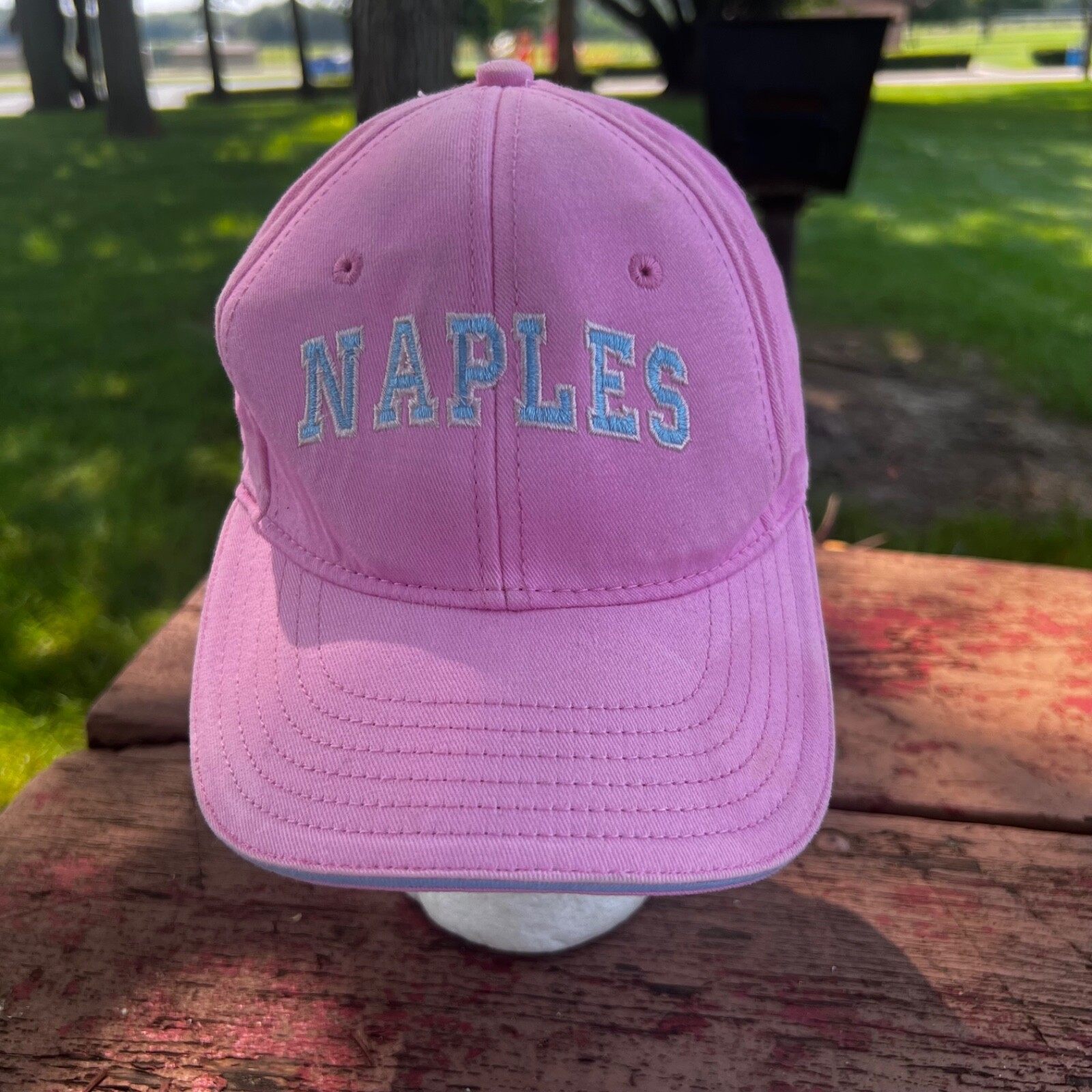 Naples Hat Cap Pink with Light Blue/White Letters on Front Strap Buckle Cotton