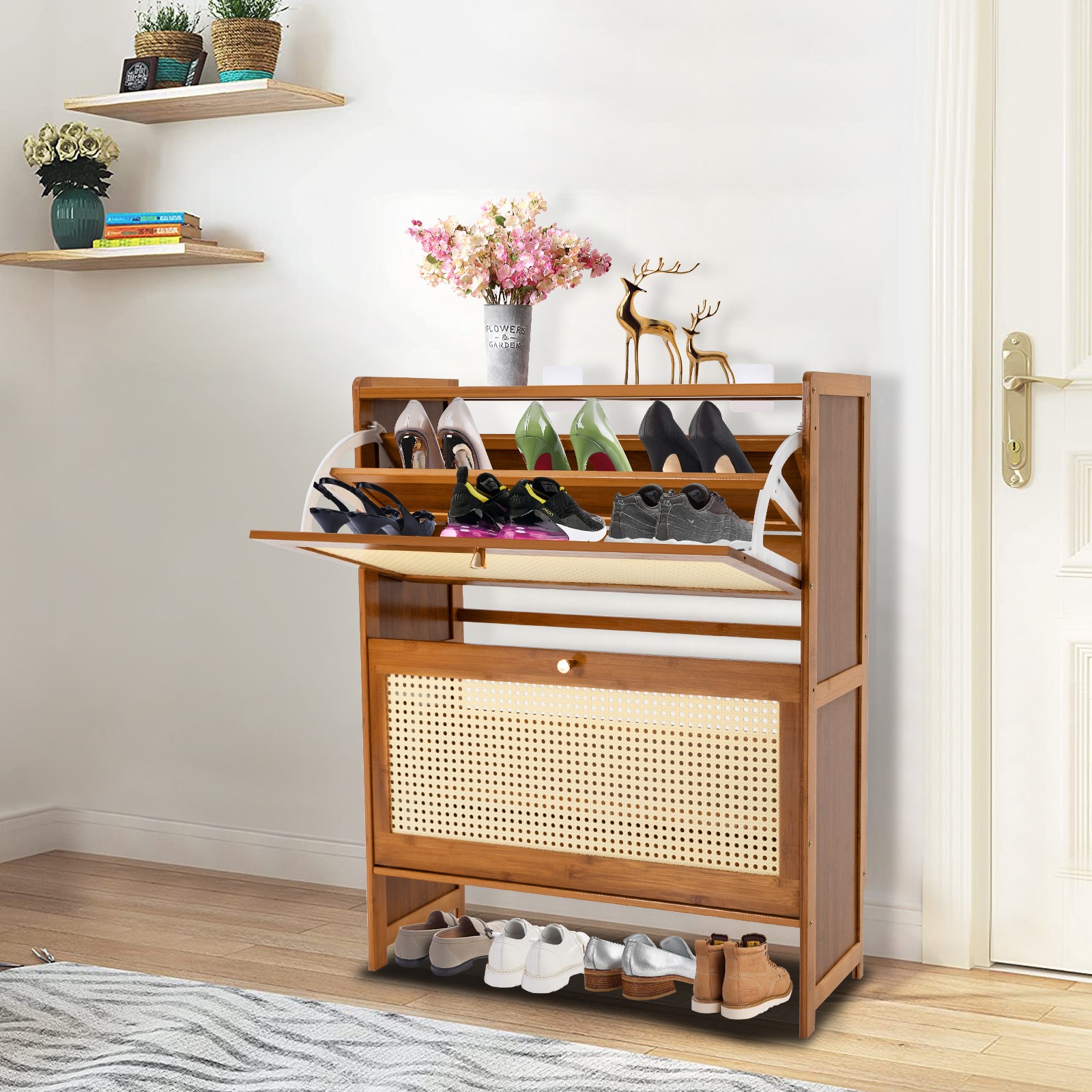 Rattan Shoe Cabinet 2 Flip Drawers Shoe Rack Storage Organizer for Entryway Home