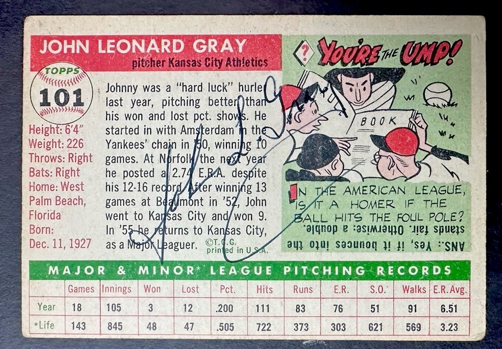 1955 Topps Johnny Gray #101 signed autograph Baseball Card Kansas City A's