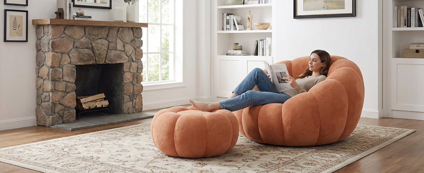 Pumpkin Shape Lounge Chair & Footstool - Brown
