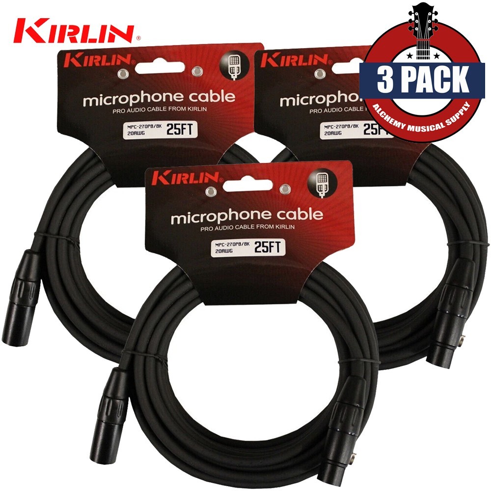 3-PACK Kirlin 25FT 3-Pin XLR Female to Male 20AWG Microphone Cable Black