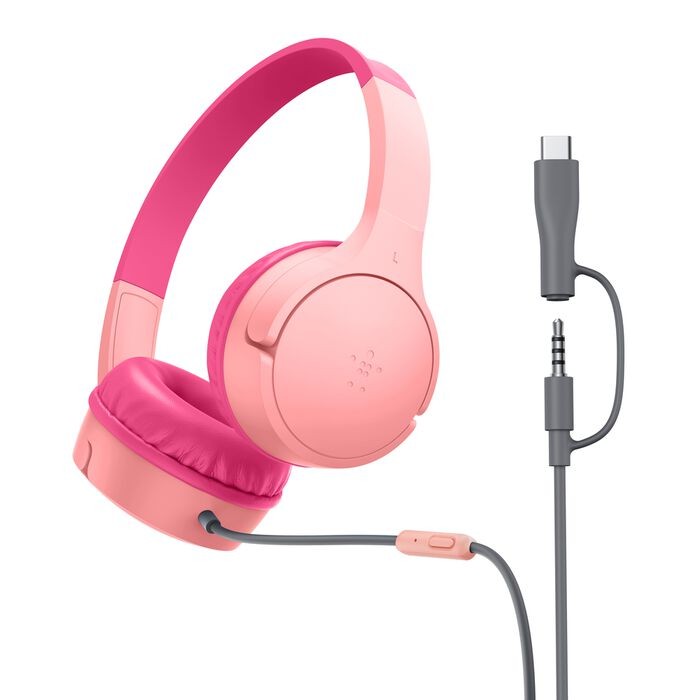 Belkin Kids Headphones Wired, Volume Limited, USB-C 3.5mm Parents Trusted - Pink