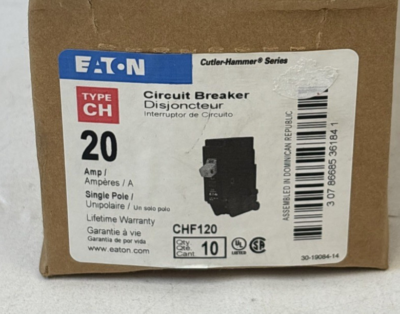 (10) EATON CHF120 Circuit Breakers 20 AMP 1 Pole Type CH - New Box of 10