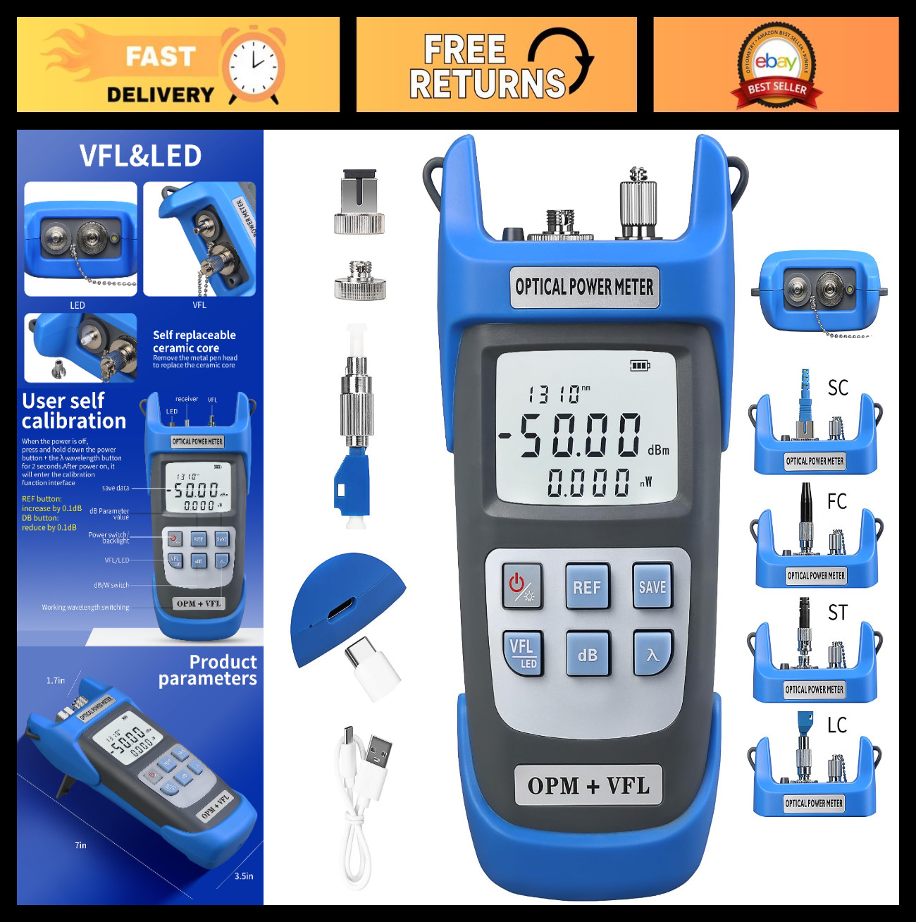 Rechargeable Optical Power Meter -50 to +26dBm, Fiber Tester, SC/FC/ST/LC Adapte