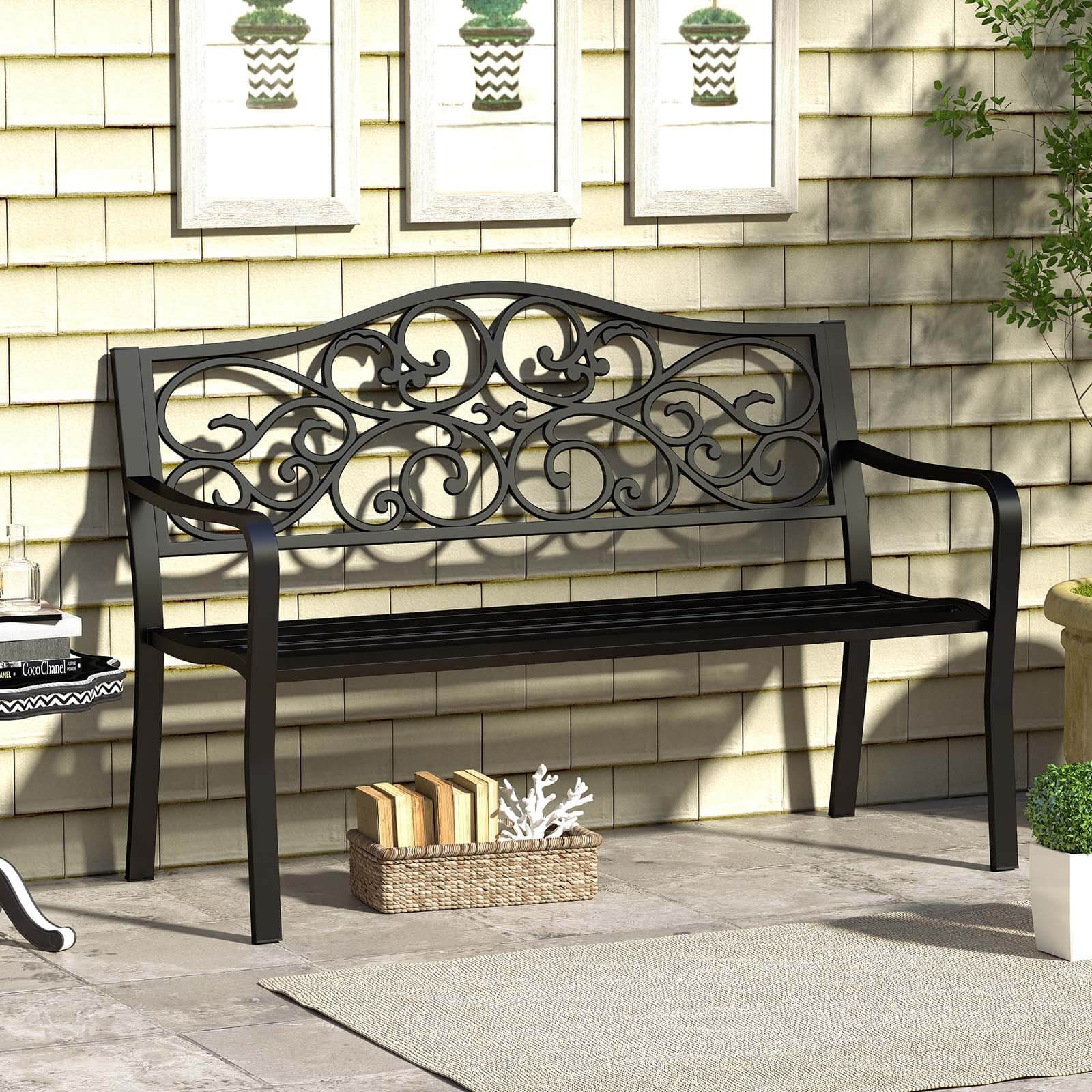 50" Porch Bench w/Ergonomic Backrest & Armrests Floral Patterns Curved