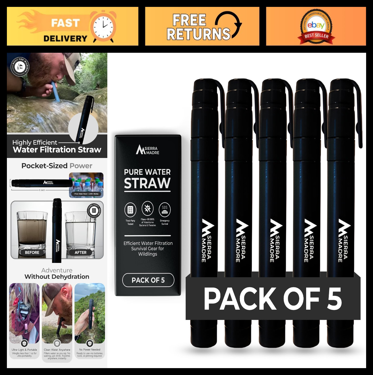 Portable Water Filter Straw - 264 Gallon Filtration for Camping, Hiking, Travel