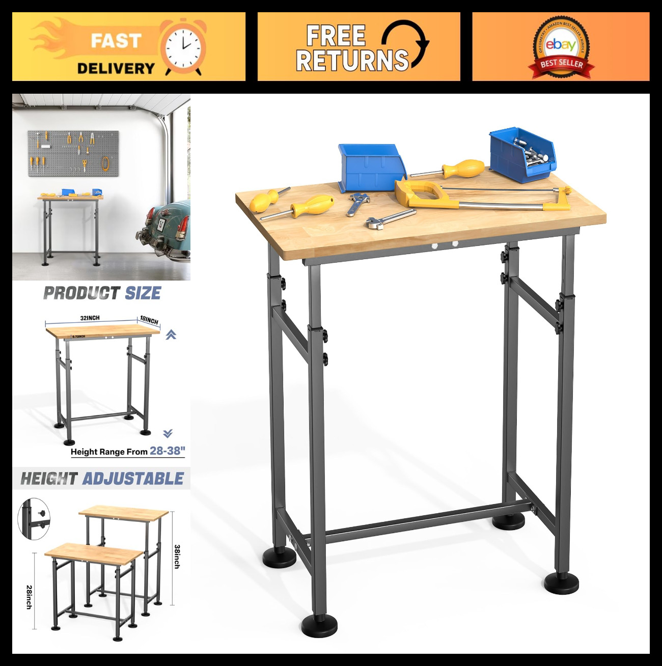 Heavy Duty Adjustable Height Workbench 32"x18" - Rubber Wood Top, 1500 lbs Capac