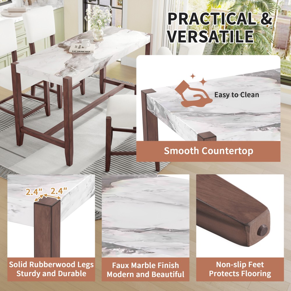 Faux Marble Counter Height Dining Table Set with 2 Chairs, Modern Pub