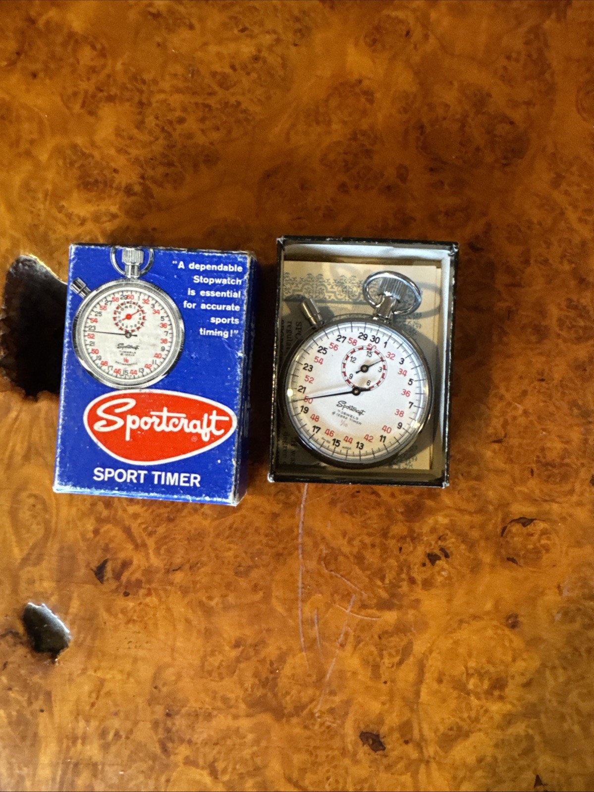 Vintage In Box 7 jewels wind up SportCraft silver sport timer watch