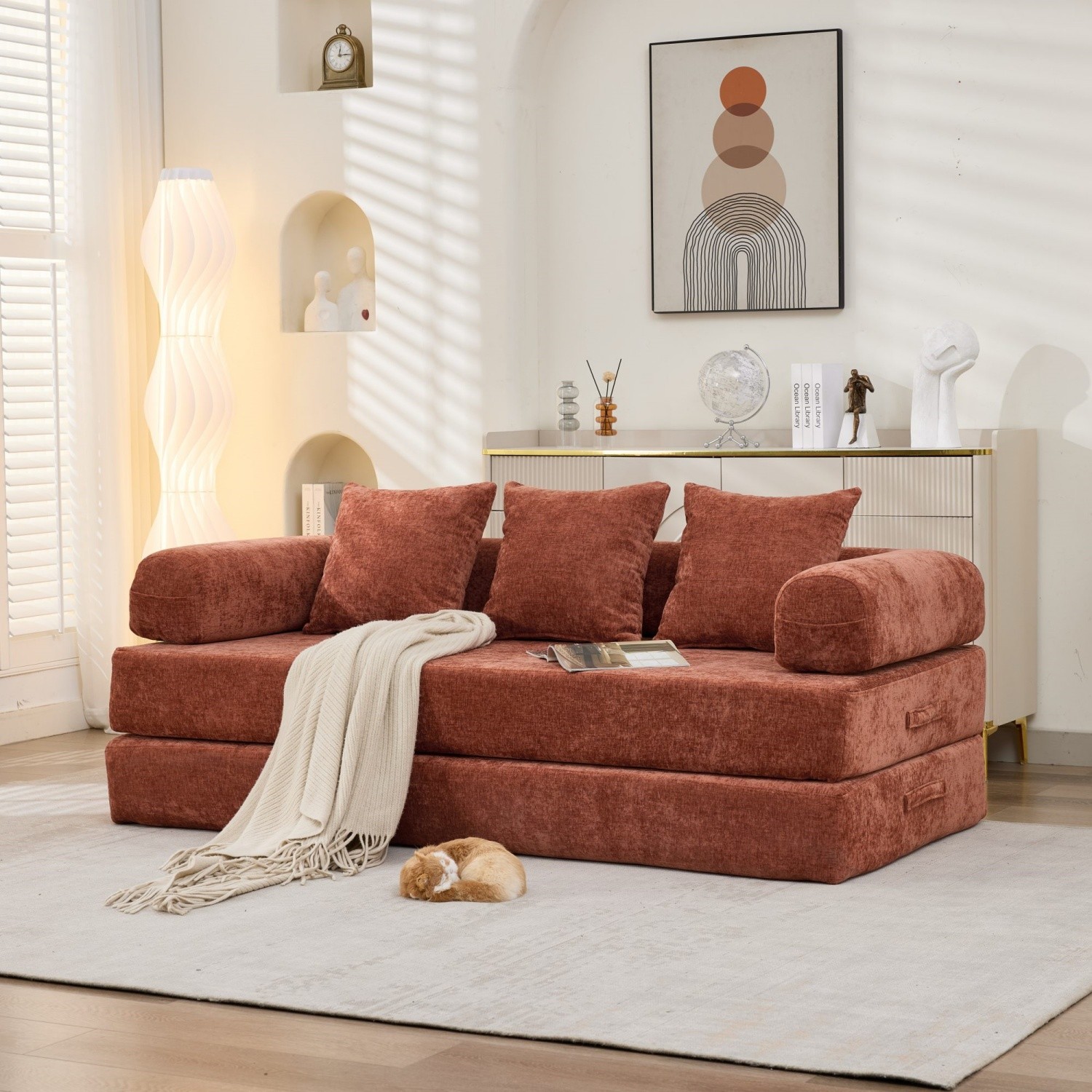 Modern Convertible Floor Sofa Bed Folding Mattress Couch with Armrests & Pillows