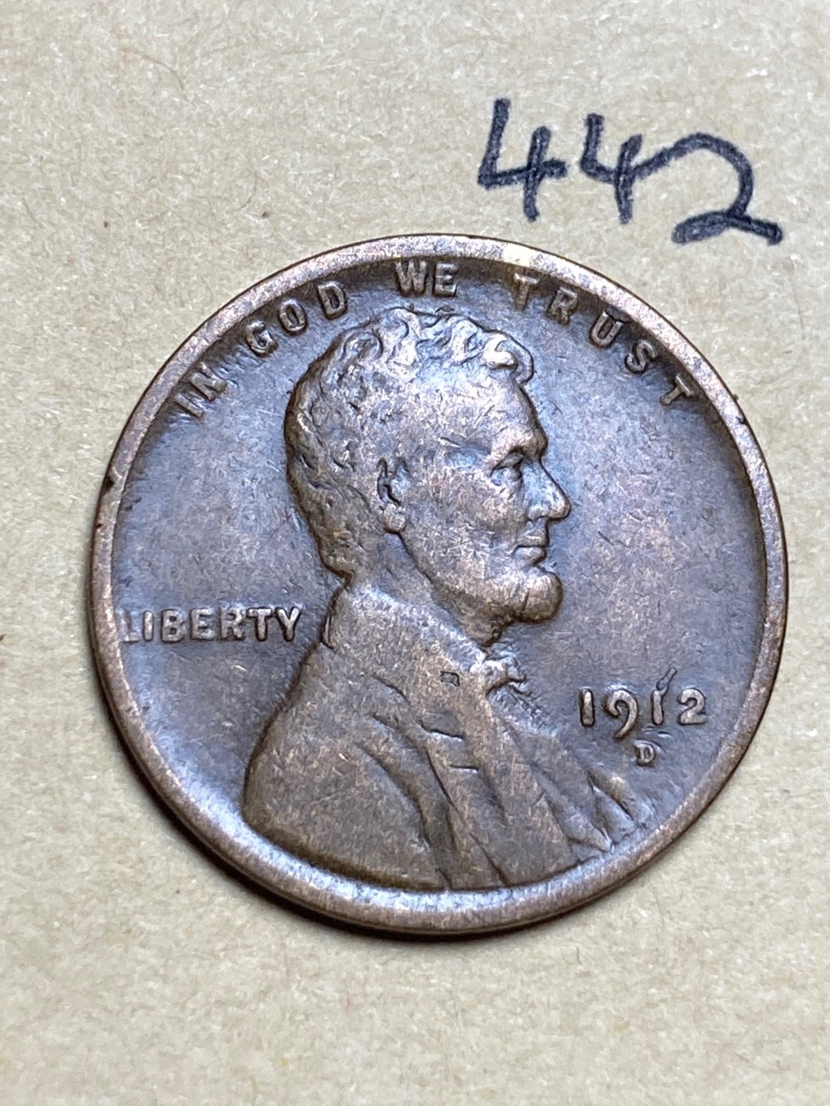 1912-D LINCOLN WHEAT CENT, low mintage date, Upper Grade condition #442