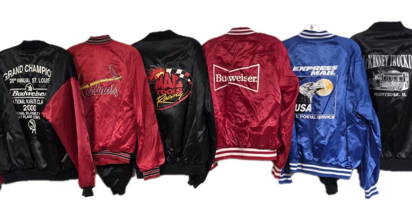LOT OF 55 SATIN JACKETS COLLEGE BEER TRUCKER UNION NOVELTY VINTAGE 80s 90s SNAP