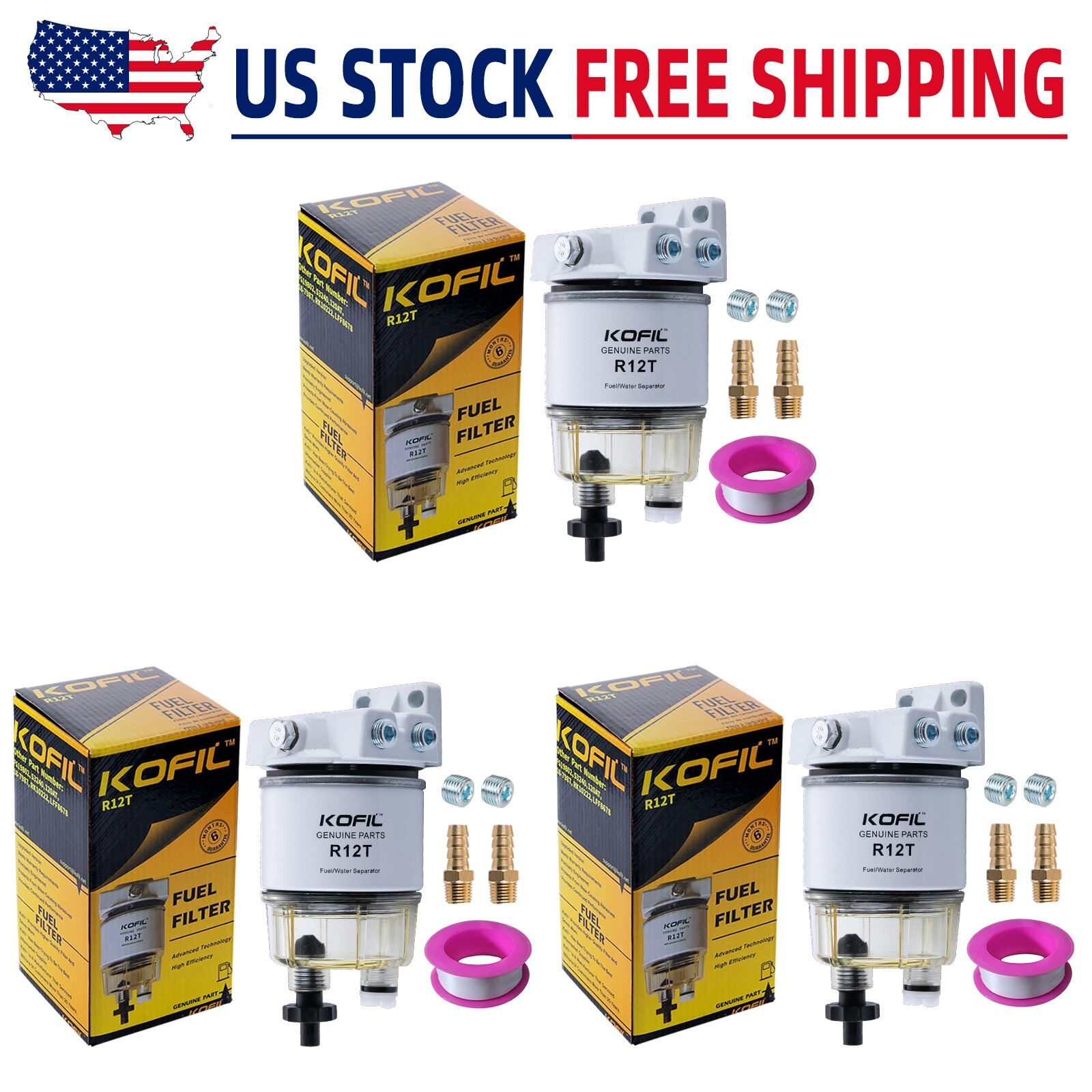 3X New Fuel Filter / Water Separator For R12T Marine Housing 120AT