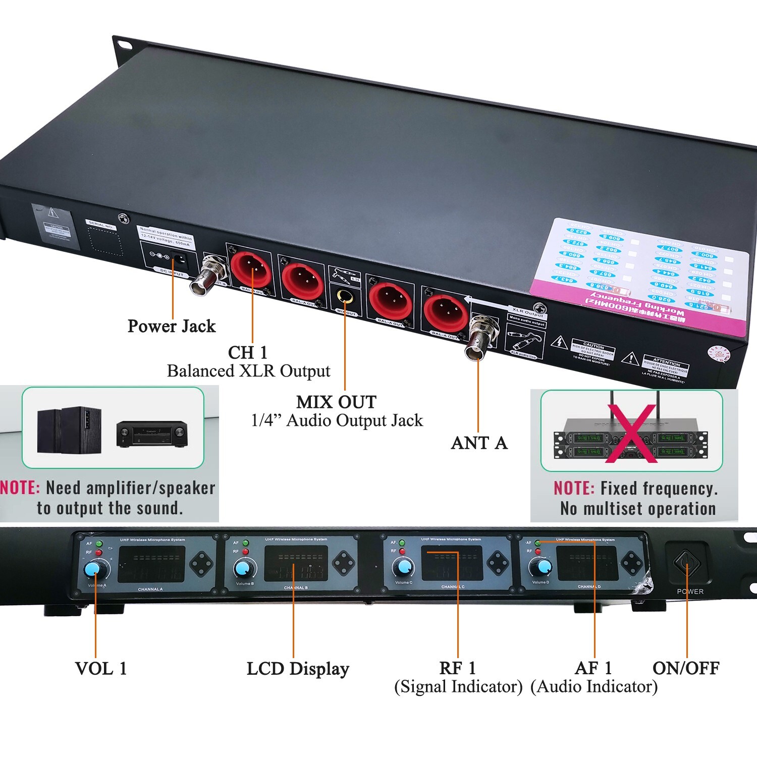 4 Channel UHF Pro Audio Wireless Microphone System 4 Handheld Metal Dynamic Mic