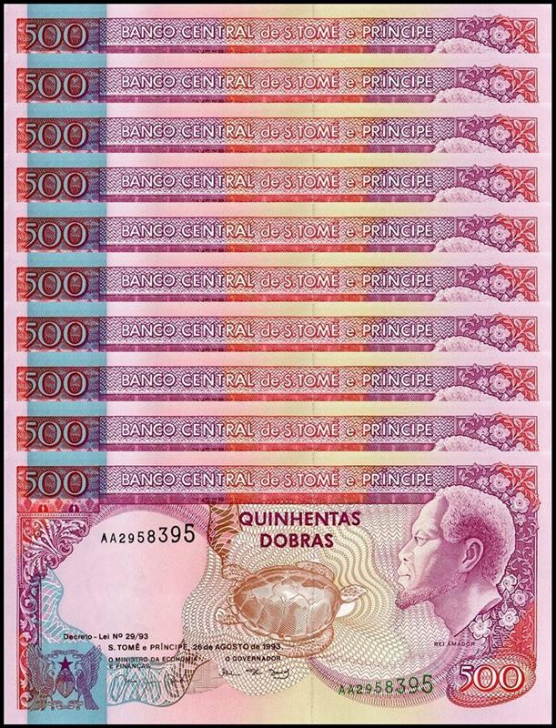St. Thomas & Prince 500 Dobras, 1993, P-63a, UNC X 10 PCS
