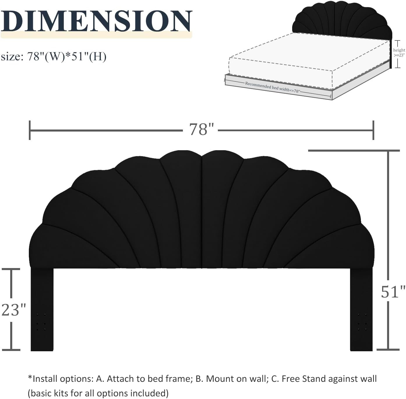 Velvet King Size Wall Mount Headboard for Adjustable Beds - Black