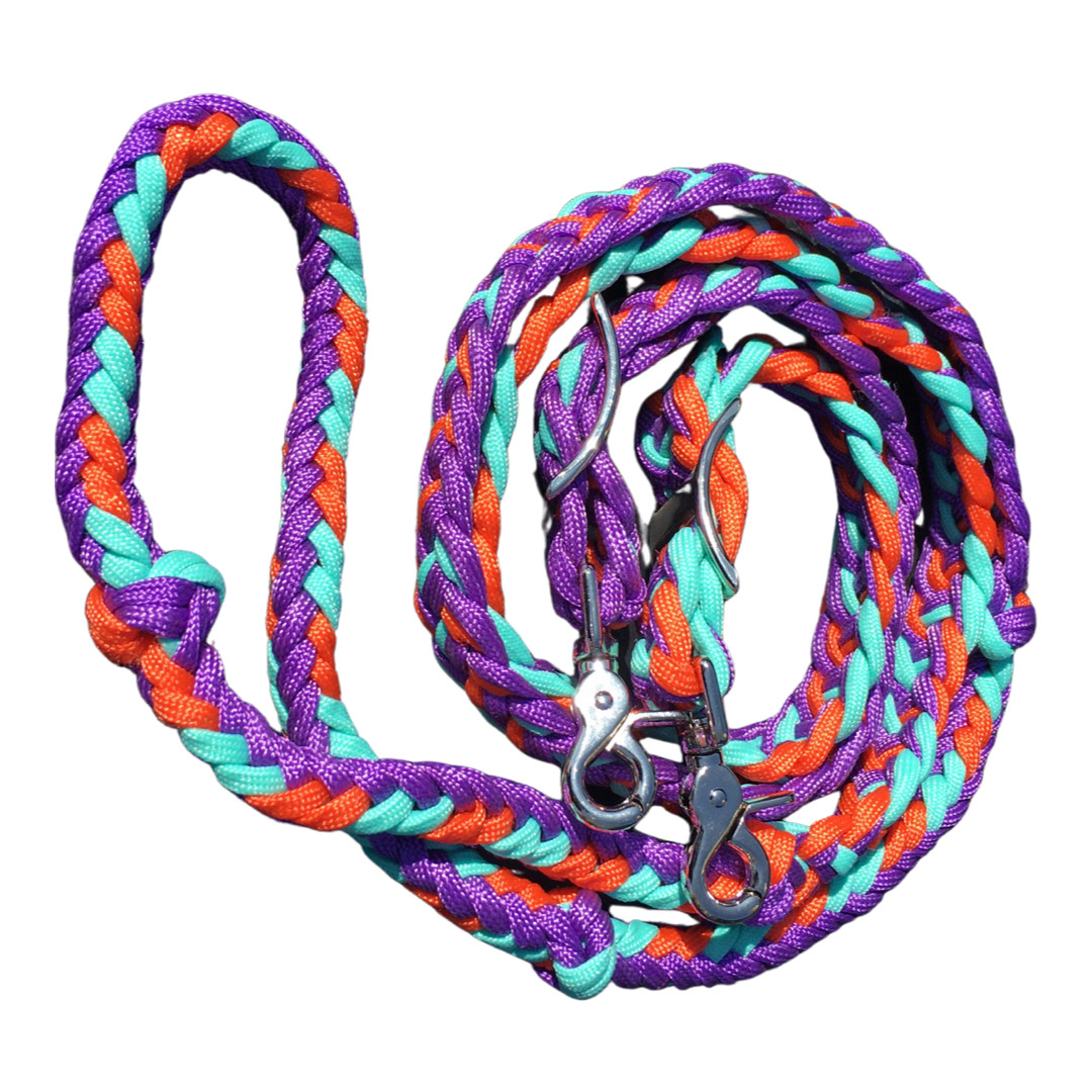 Braided Barrel Reins 8 ft long with 2 Scissor Snaps Purple / Orange / Mint