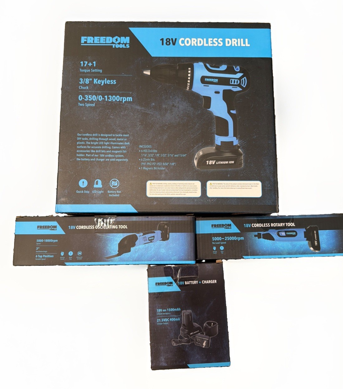 Freedom Tools 18V Cordless Drill Rotary Tool Mini Saw Kit w/ Battery & Charger