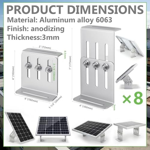 8 Pcs Solar Panel Tilt Mount Brackets, 4"-7" Adjustable Length, 20°-160°
