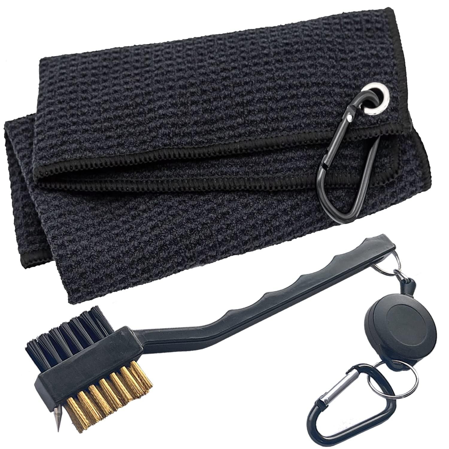 Golf Towel & Brush Cleaning Set, Microfiber Waffle with Carabiner Clip | Heavy d