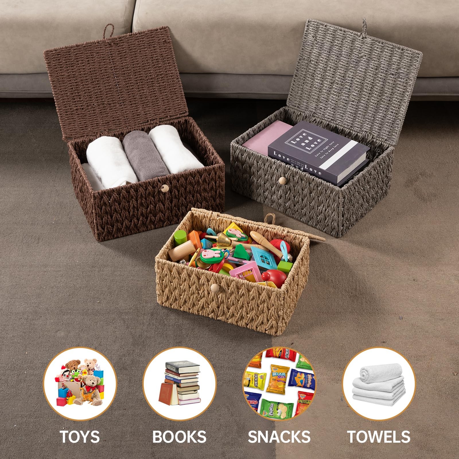 OIAHOMY Wicker Storage Basket Lid & Lock, Lidded Storage Bins, Decorative