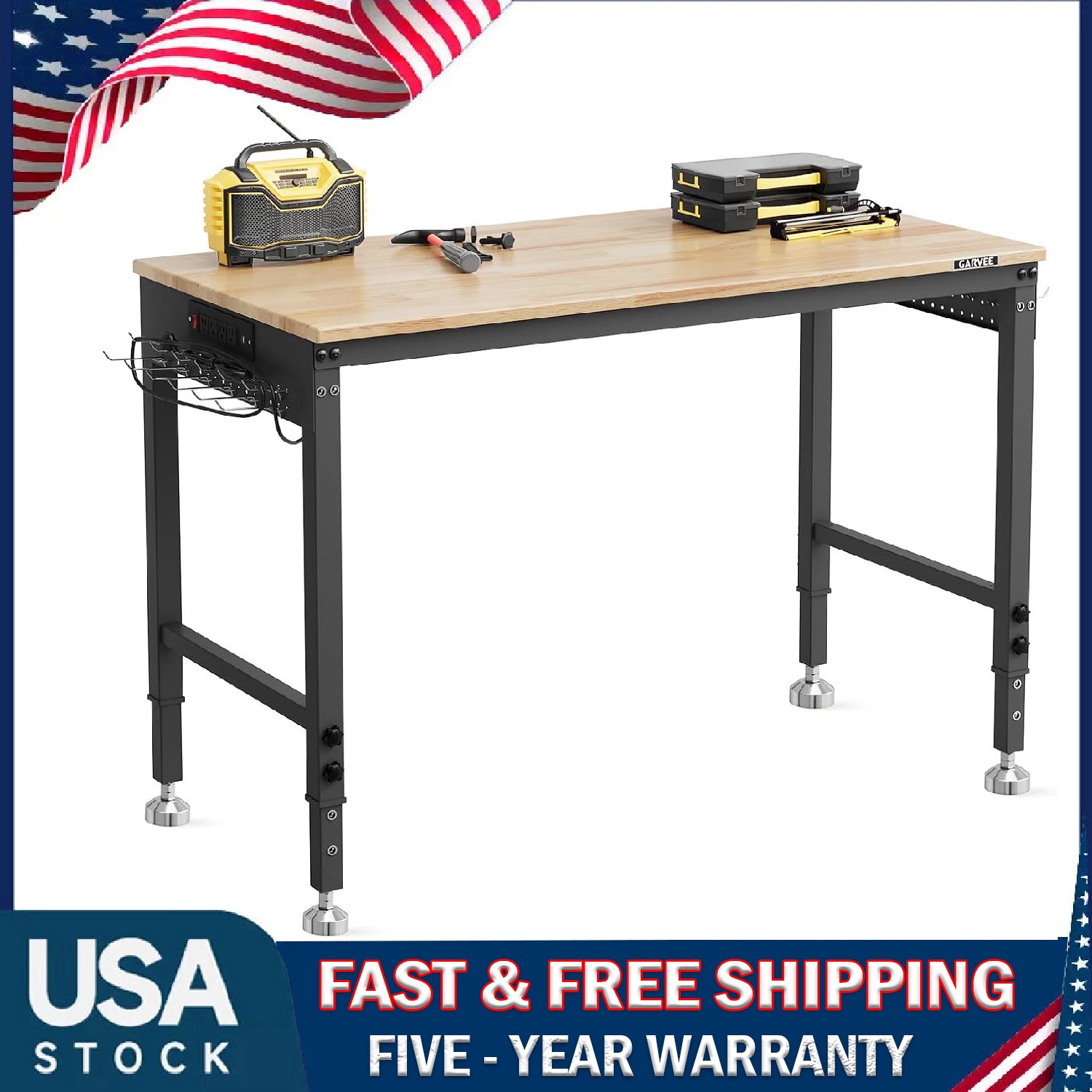 48" Workbench Adjustable Height Work Table Garage 2000LBS Load with Power Outlet