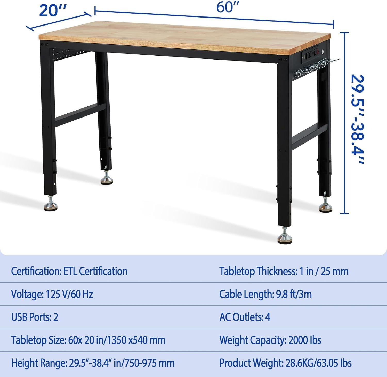 60" Adjustable Workbench, Heavy Duty Workstation with Power Outlets, 2000 LBS