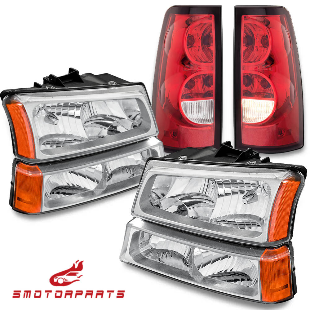 For 2003-2006 Chevy Silverado Chrome Housing Headlights & Red Tail Lights
