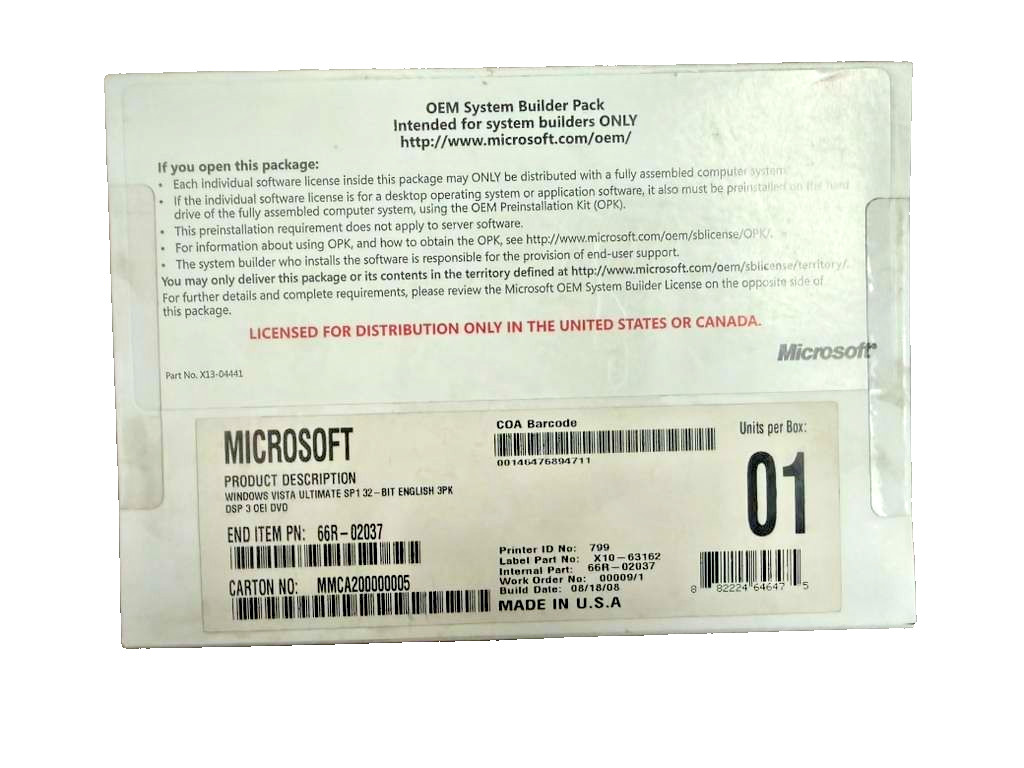 Microsoft Windows Vista Ultimate SP1 32-bit English 3PK DSP 3 OEI DVD - SEALED!
