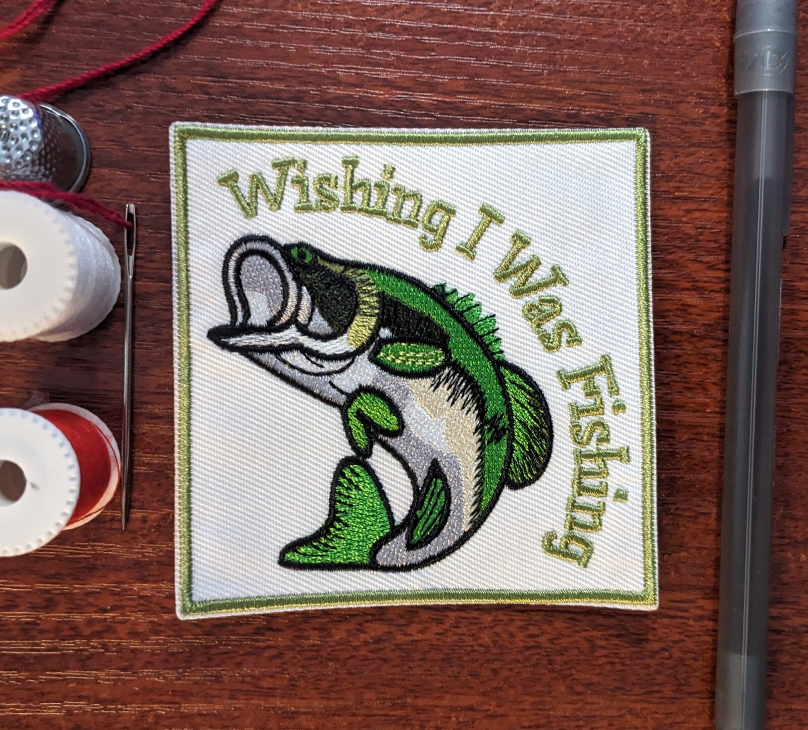 Fishing Patch Wishing I Was Fishing Wilderness Embroidered Iron On 3.25x3.25"