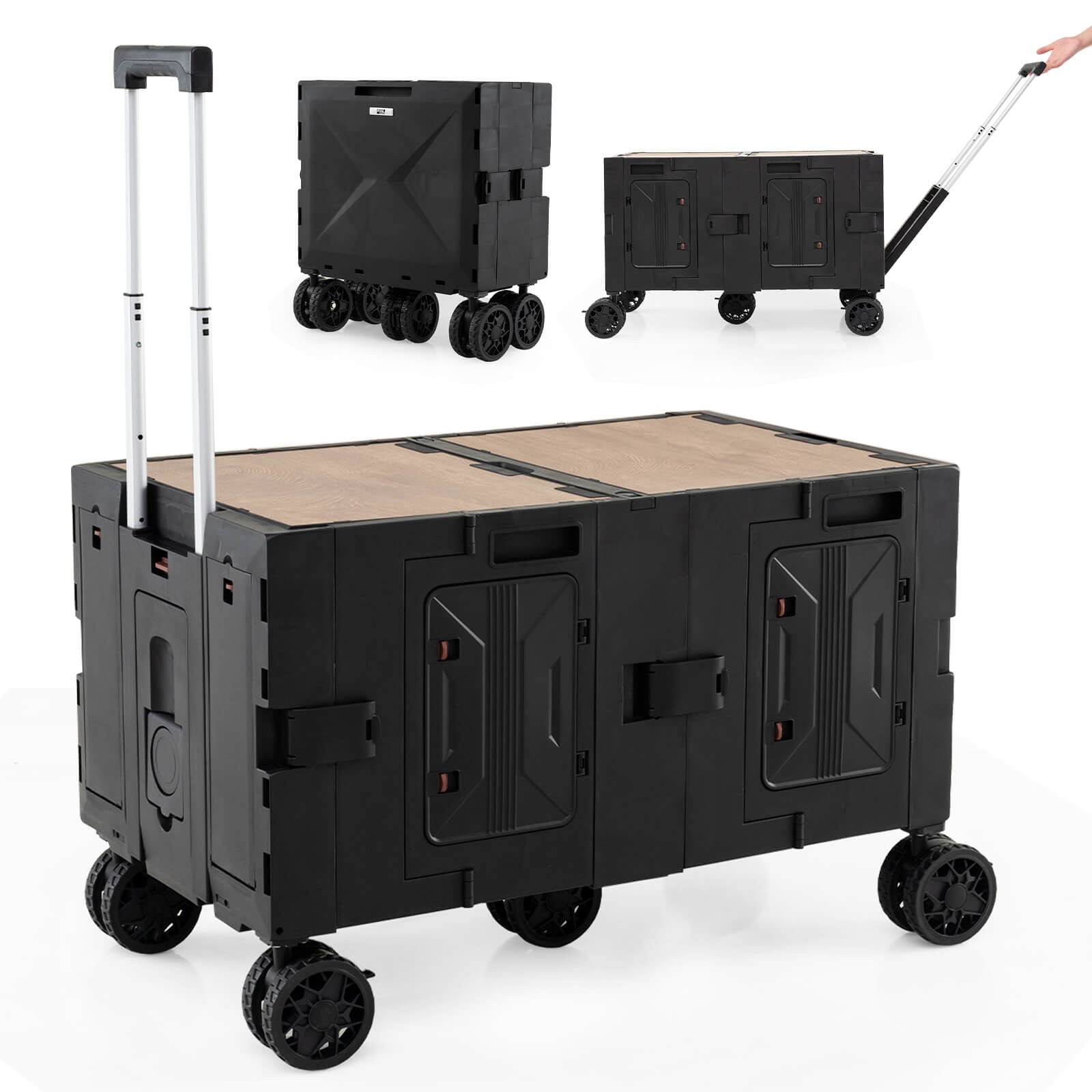 Large Foldable Utility Cart w/ 2-Tier Storage Crates 5 Rotate Wheels Metal