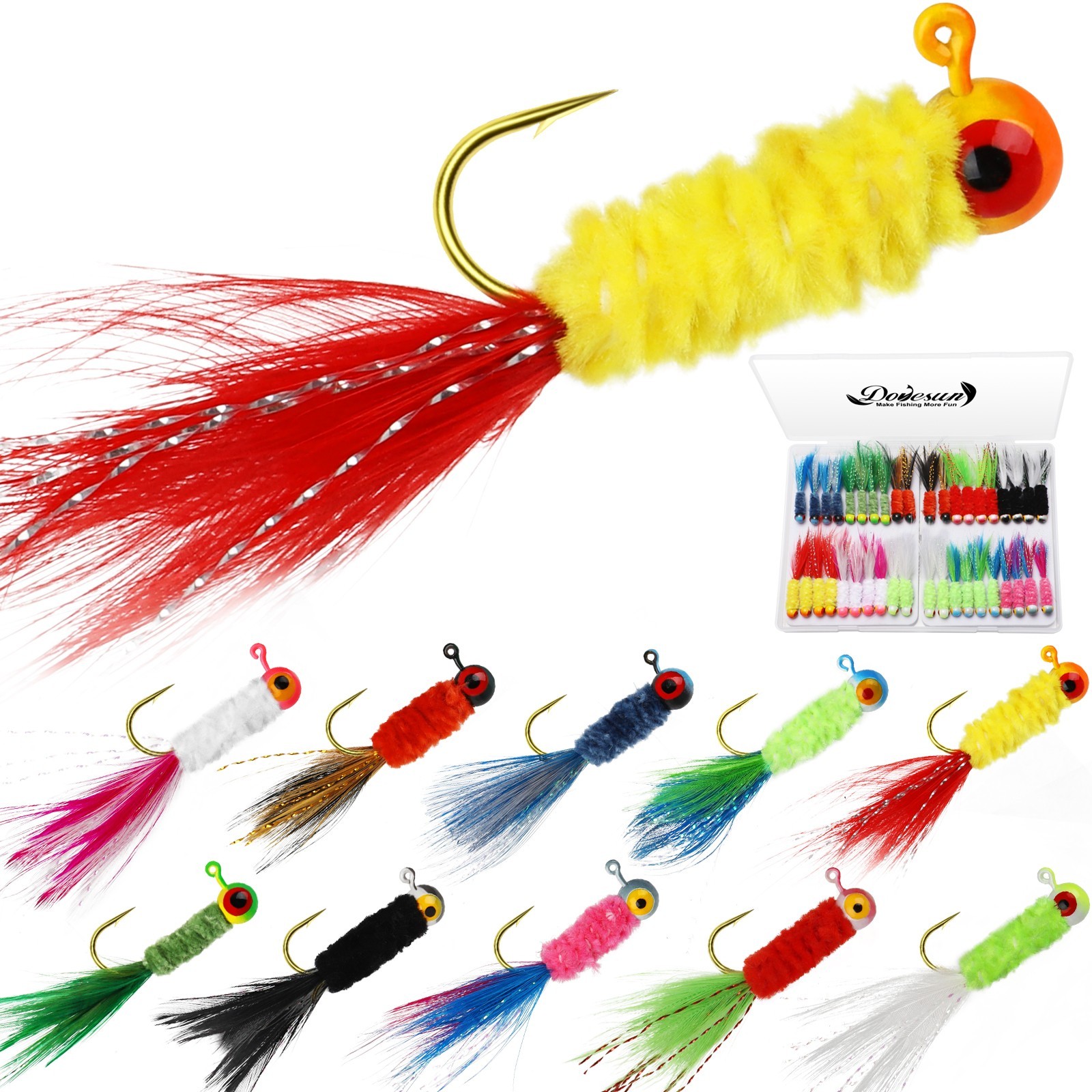 40pcs Crappie Jigs 1/8oz Marabou Jigs Hand-Tied Ice Jigs Fly Fishing Lure Set