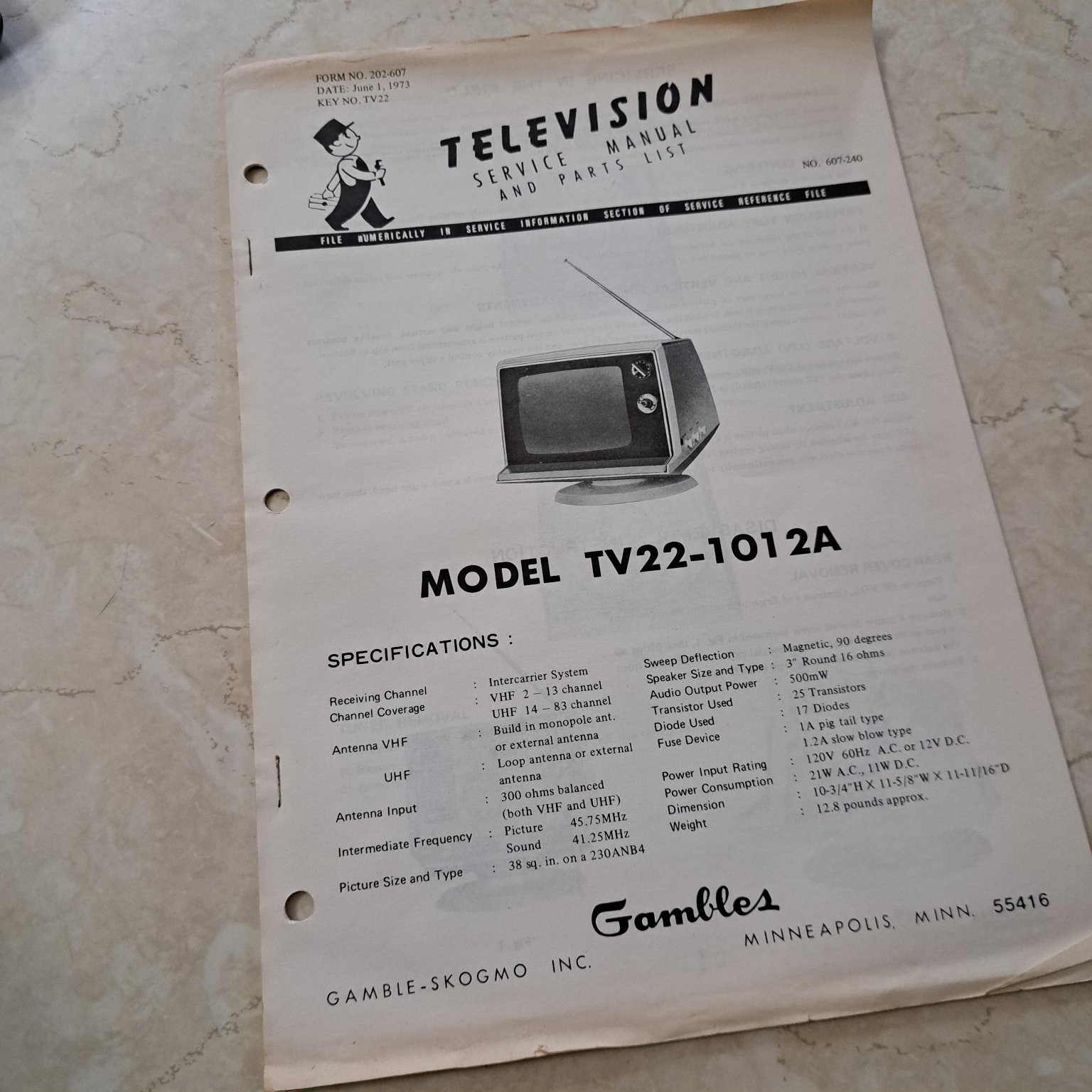 Gambles Manual TV22-1012A Television 1973 Service Parts List Illustrated