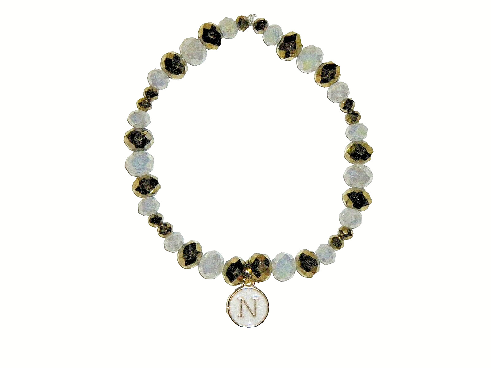 INITIAL "N" CHARM (WHITE) BEADED BRACELET (7 7/8"):  HAND-MADE JEWELRY BY T.L.C.