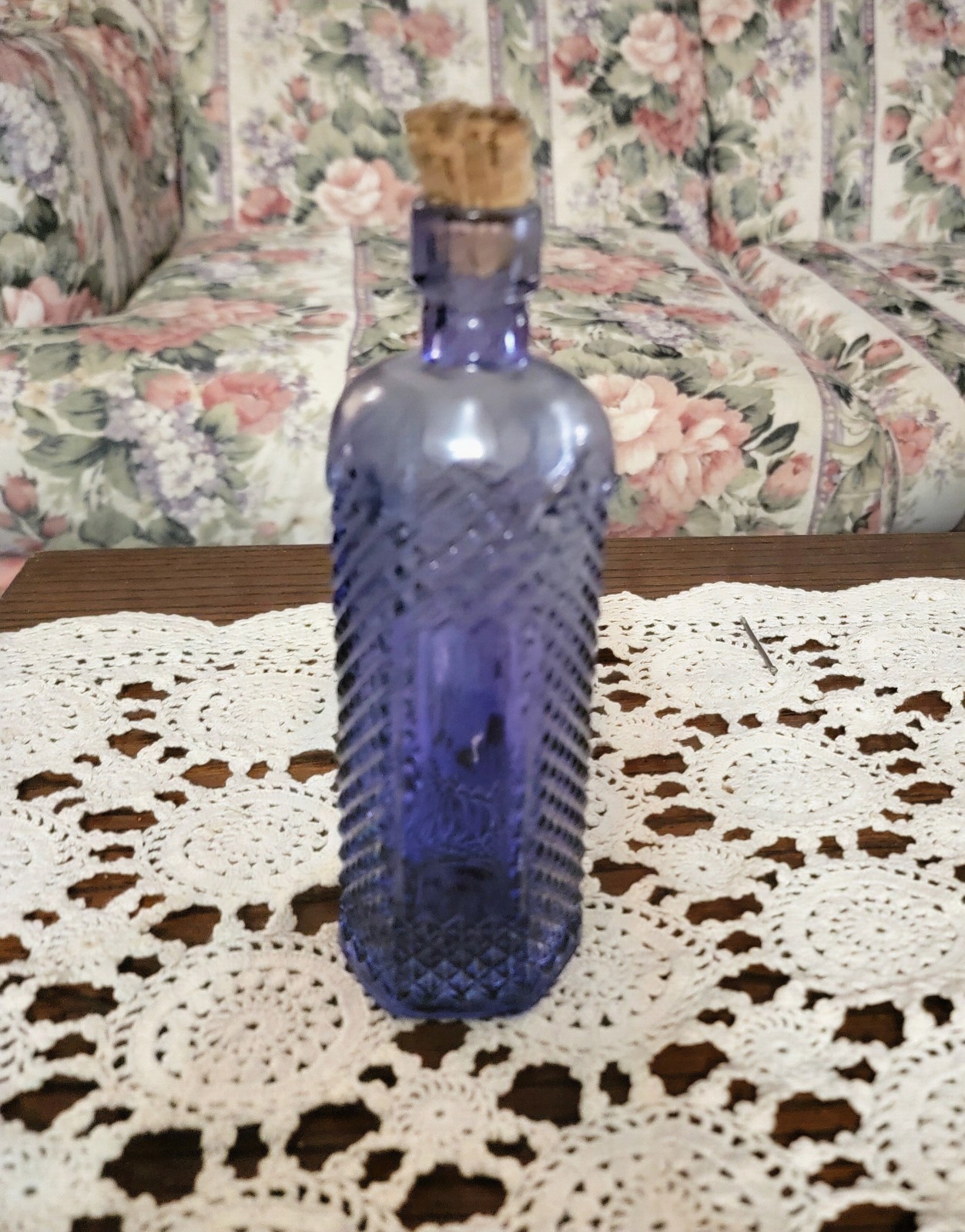 Vintage Cobalt Blue Mid Century Modern Diamond pattern Hexagon glass bottle.