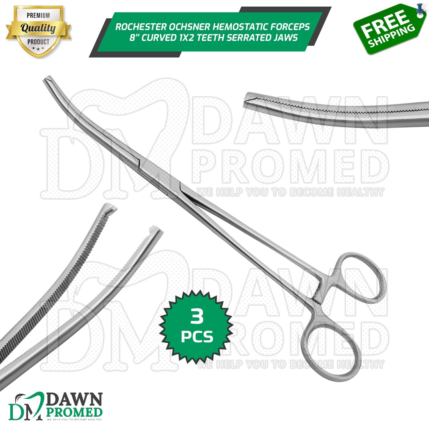 3 Pcs Rochester Ochsner Forceps 8" Curved 1x2 Surgical Instrument German Gr