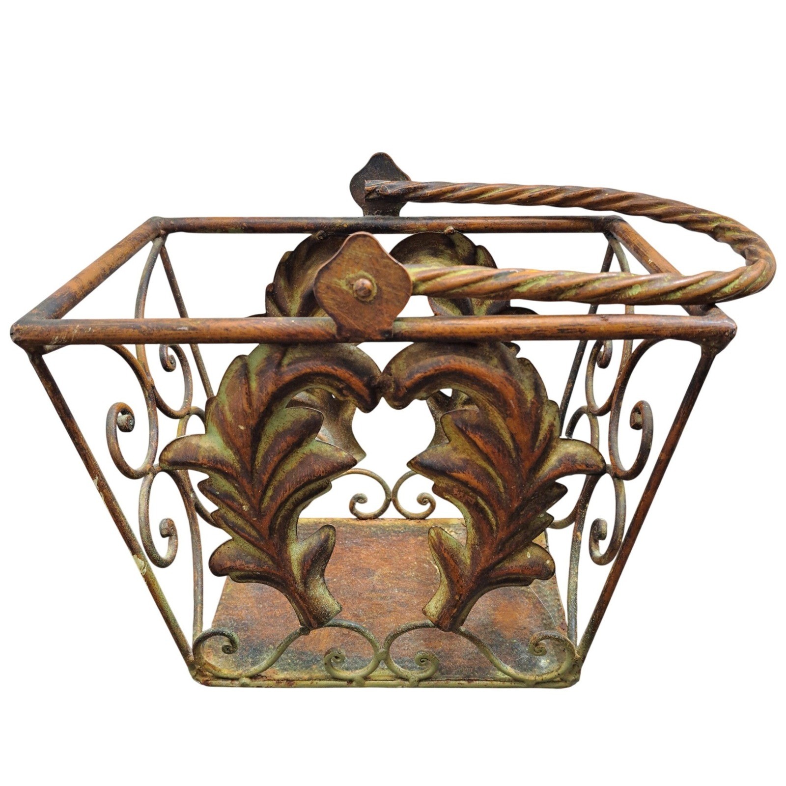 Vintage Copper Metal Basket Distressed Leaf Scroll Handle Planter Decor