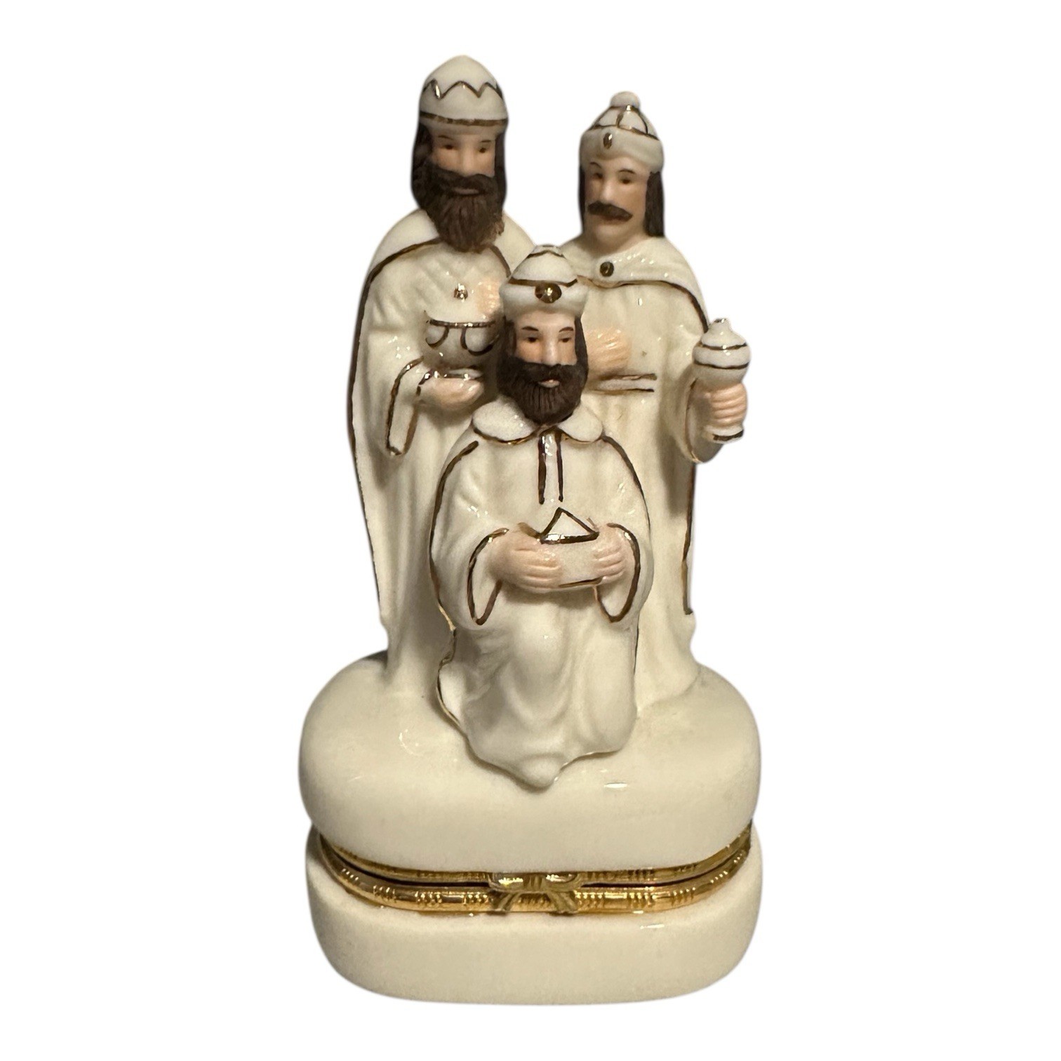 Trinket Box Three Wise Men Figurine Ivory Gold Trim Porcelain Unbranded Nice!  J