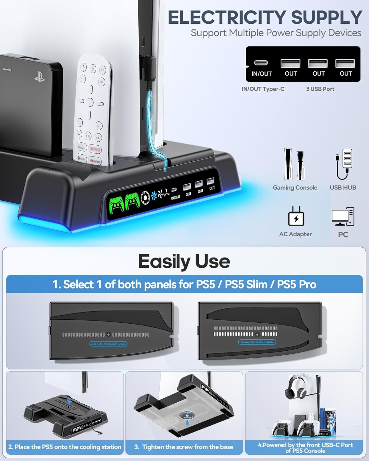 PS5/Slim/Pro Stand and Cooling Station with LED Controller Charging Station
