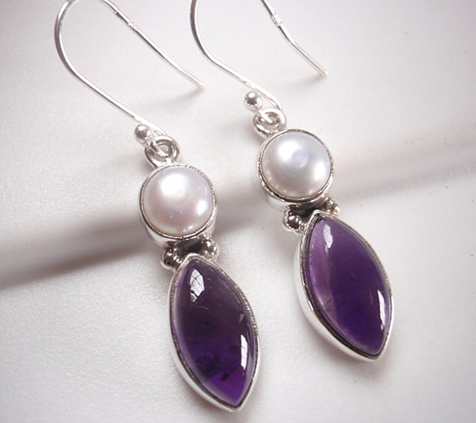 Cultured Pearl and Amethyst Marquise 925 Sterling Silver Dangle Earrings