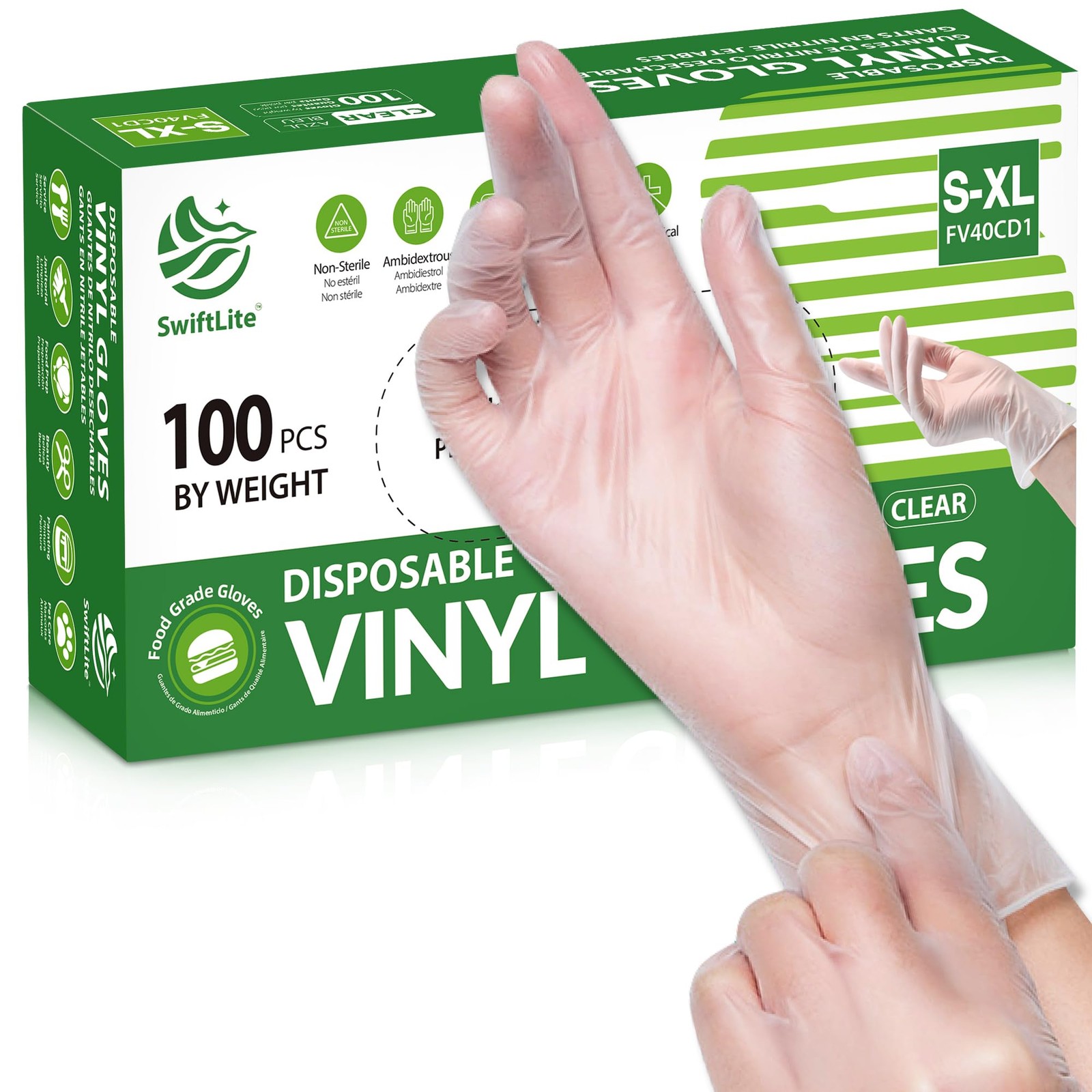 SWIFTLITE Disposable Vinyl Gloves, Food Safe, Latex-Free Medium, Clear