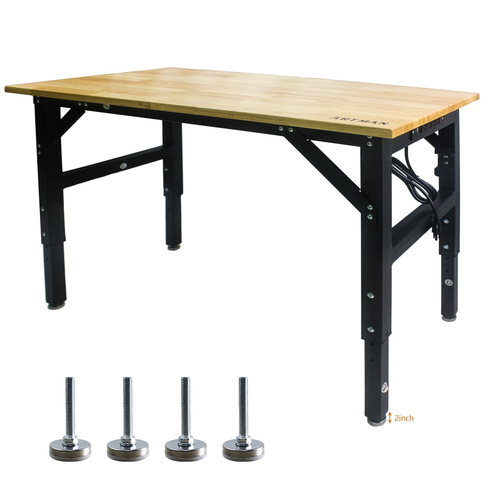 48" Workbench Adjustable Height Work Table Rubber Wood Top Workstation