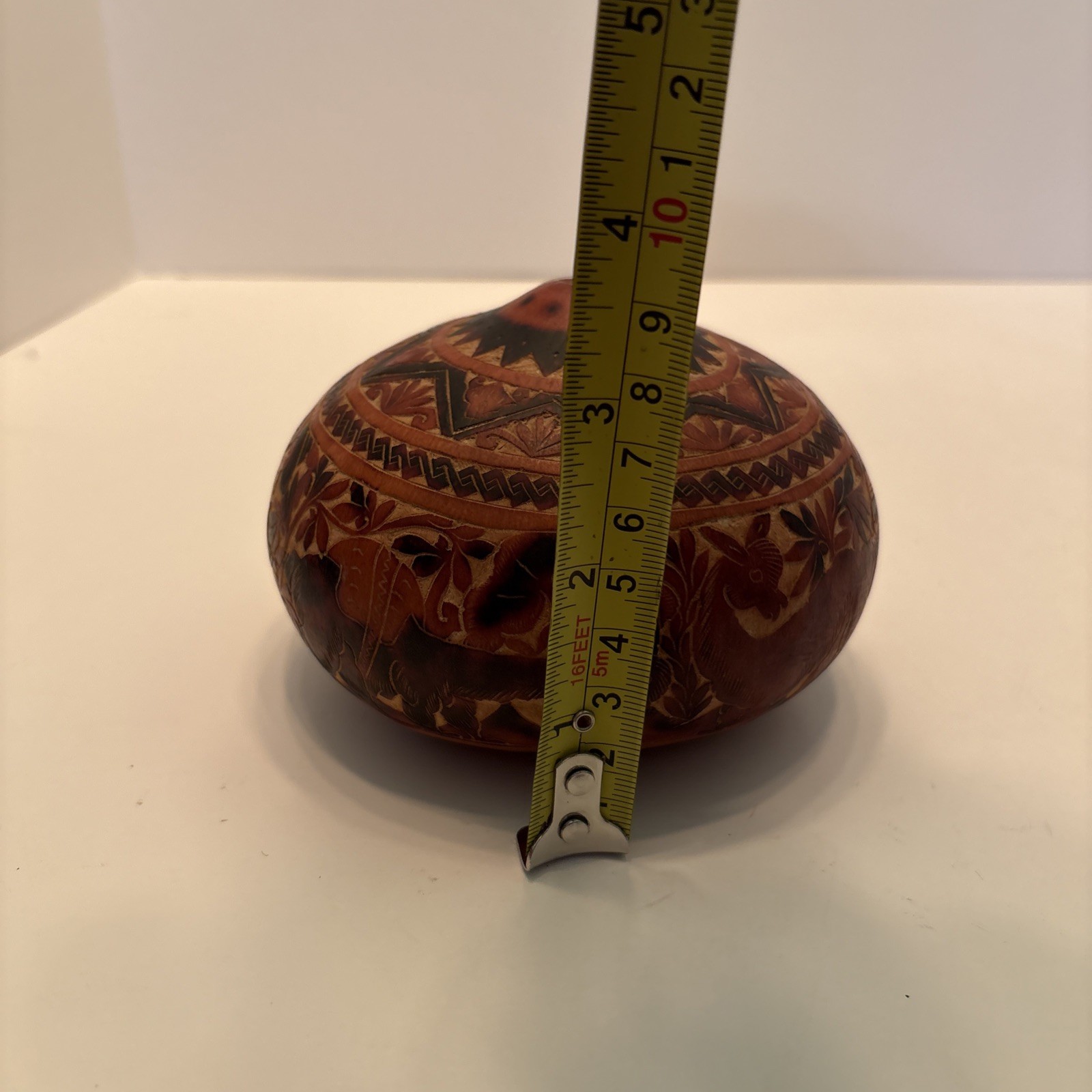 Vintage Peruvian Hand Carved Gourd Story Scene Peru Folk Art Village Life Lama