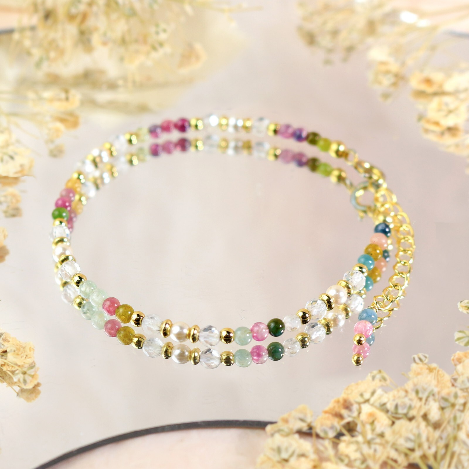 Natural Rainbow Tourmaline Peals Beaded Healing Reiki Dainty Crystal Bracelet