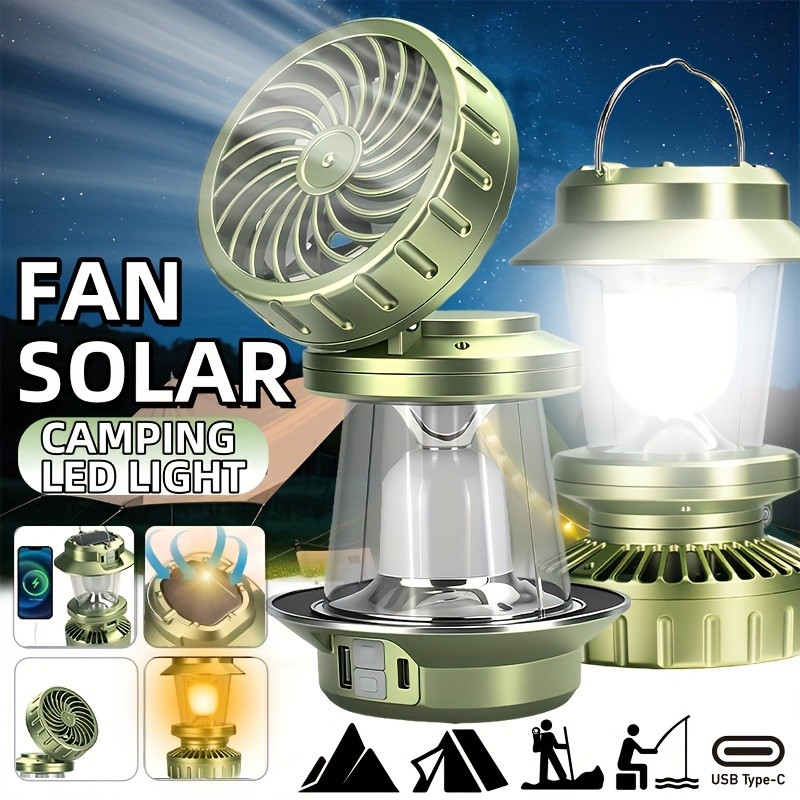 Solar Fan Lantern for Camping, Rechargeable Multi-Functional Light Hook