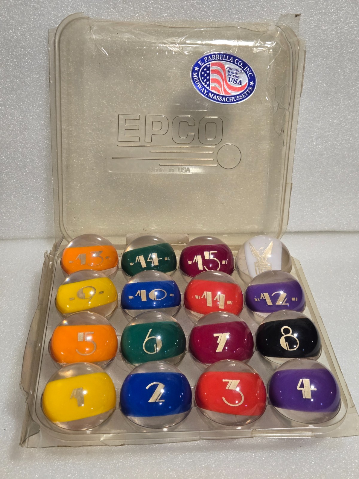 Vintage Epco Clear Acrylic E Parrella Co USA Billiard Pool Balls Complete