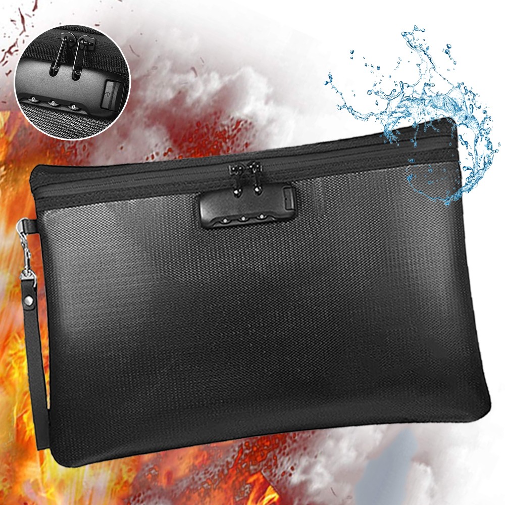 14x10" Fireproof Document Bag With Lock Waterproof Safe Cash Money Pouch Travel