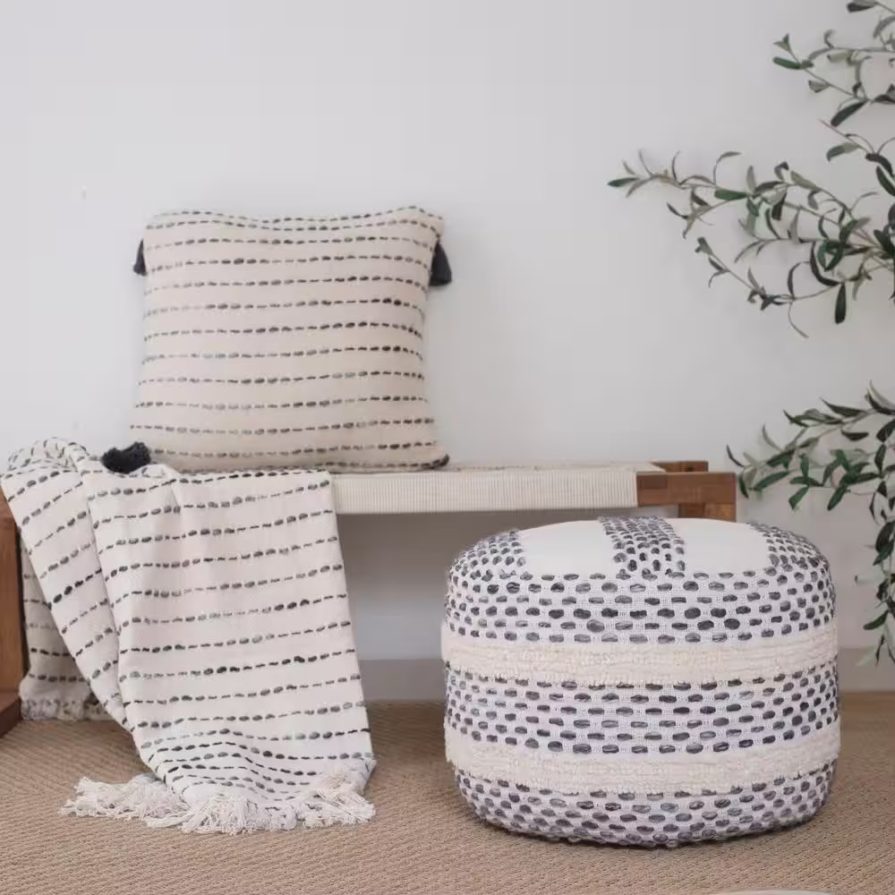 Dash White/Navy Striped Ombre Hand Woven Cotton Blend Pouf