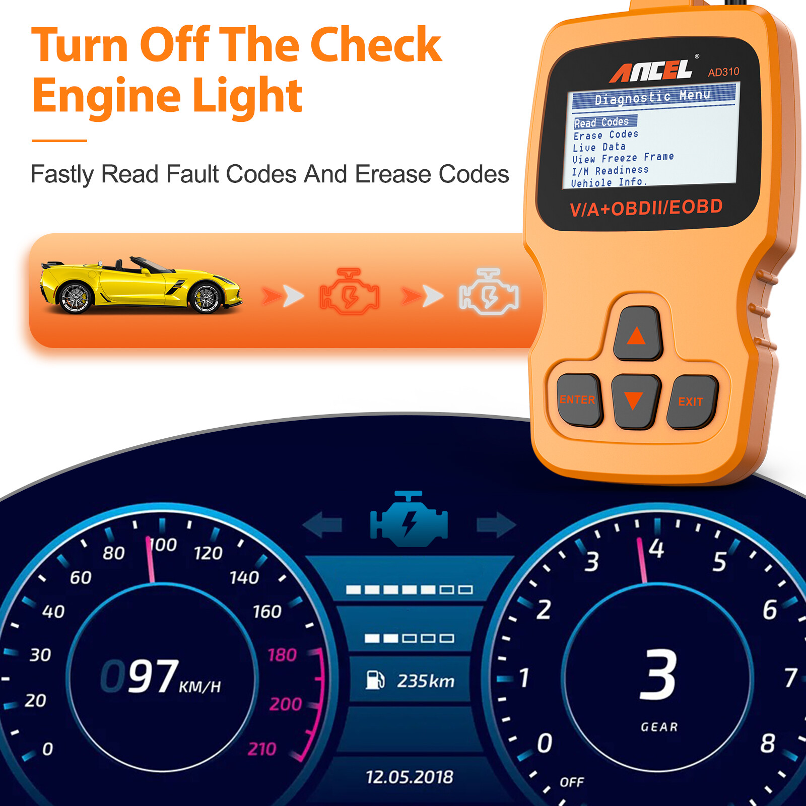 Ancel AD310 OBD2 Scanner Auto Car Code Reader Check Engine Fault Diagnostic Tool