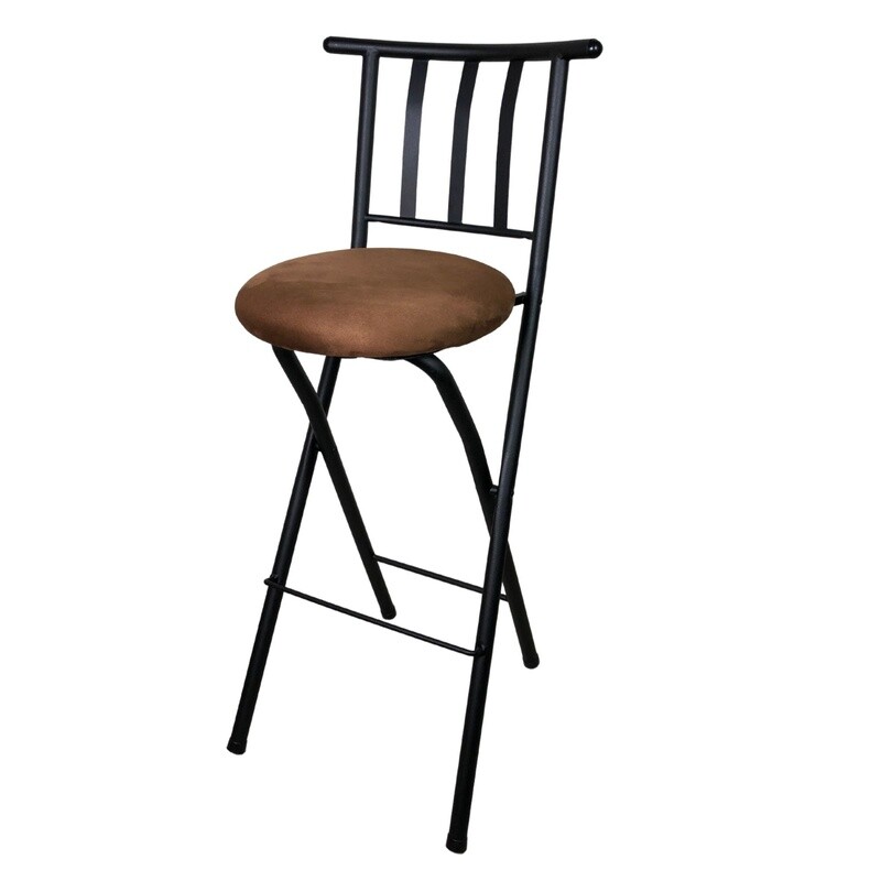 29 In Folding Metal Barstool W/ Slat Back & Comfortable Microfiber Seat Brown